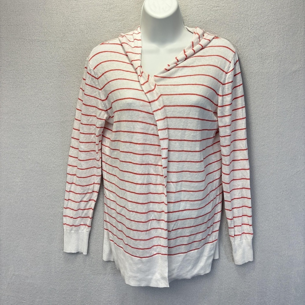Cynthia Rowley Open Front Linen Hooded Cardigan Womens M Striped Lightweight